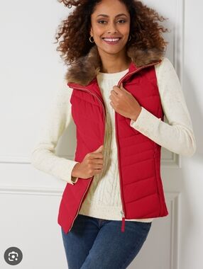 Talbots Women's XL Red Faux Fur Collar Puffer Down Fill Vest